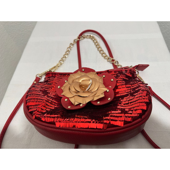 Sharif Red Purse Handbag Sequins Rose Top Chain Handle Cross Body Shoulder Strap - Picture 2 of 14
